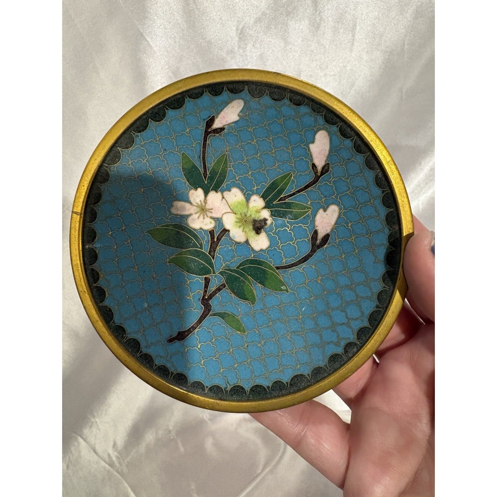 VTG 4" Enamel Cloisonné Blue Floral Trinket Dish Copper Tone Rim Home Decor